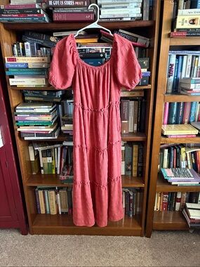 Pleated Tiered Maxi Dress with Puff Sleeves - Coral